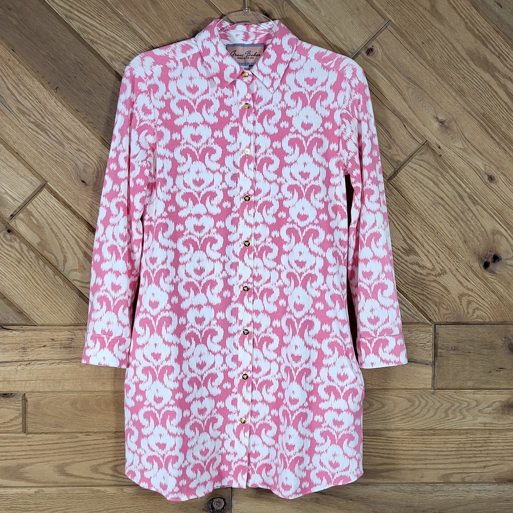 Grace Baker Shirt Dress Womens Small Pink White Ikat Bee Gold Buttons Cotton